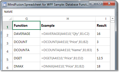 Typical database functions in a spreadsheet